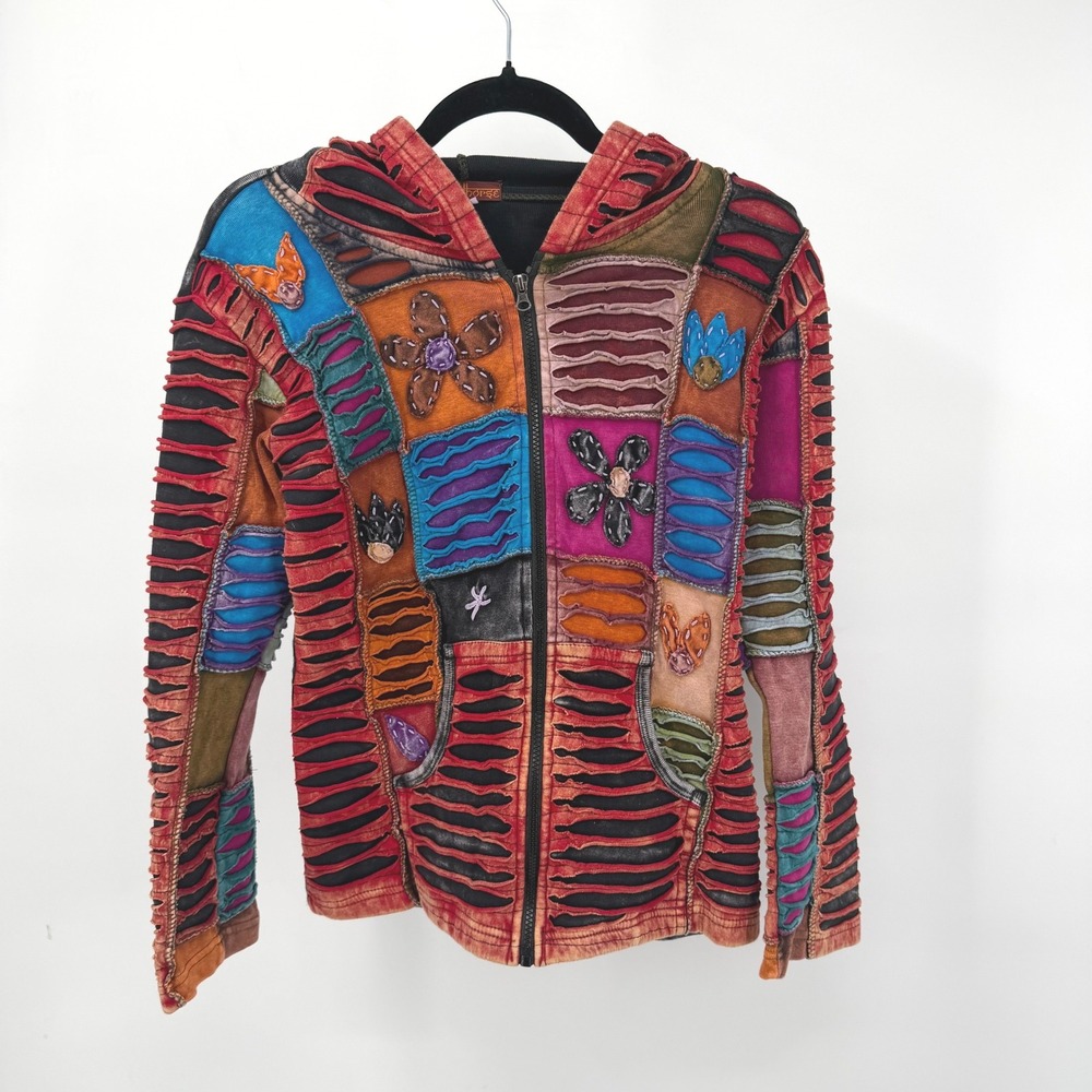 Windhorse M Hoodie Patchwork Zip Multi Color Razor Cut Nepal Boho Chic Festival